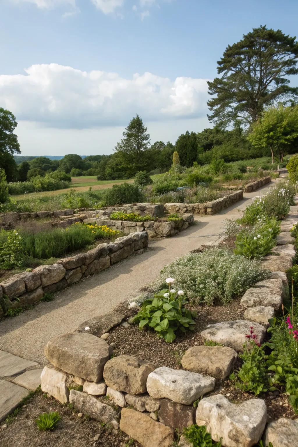 Natural edges with rocks fashion distinct and arranged garden areas.