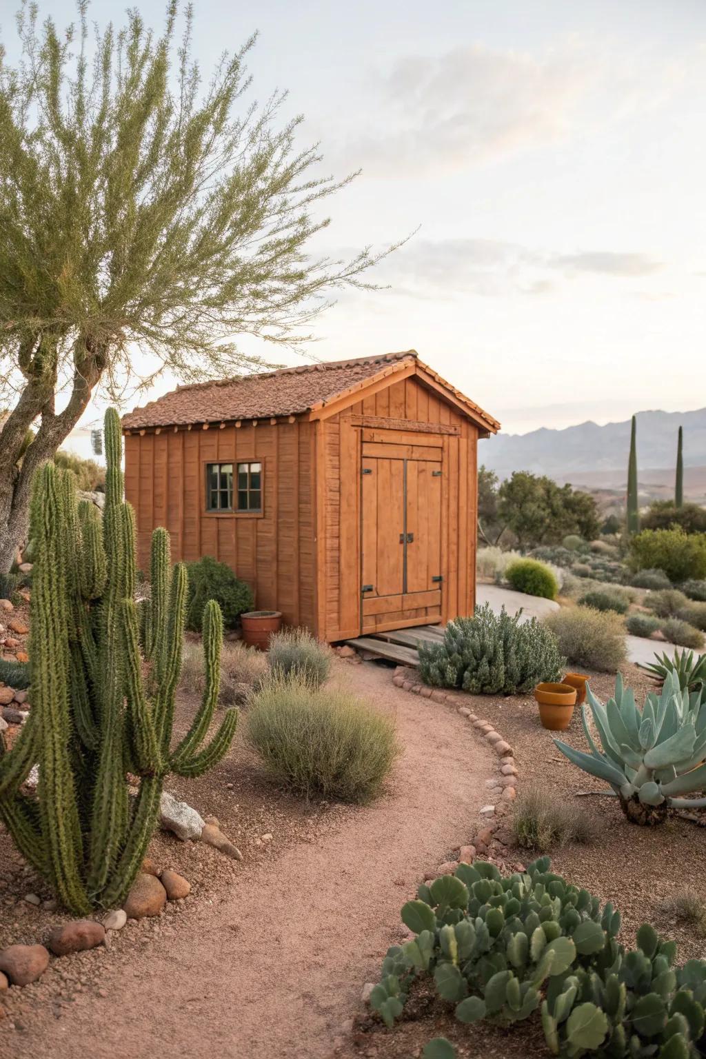A terracotta shed, seamlessly integrated into its natural surroundings.
