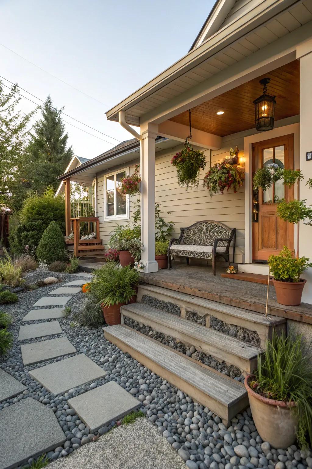 A small front porch with well-designed pathways and steps, creating an inviting approach.