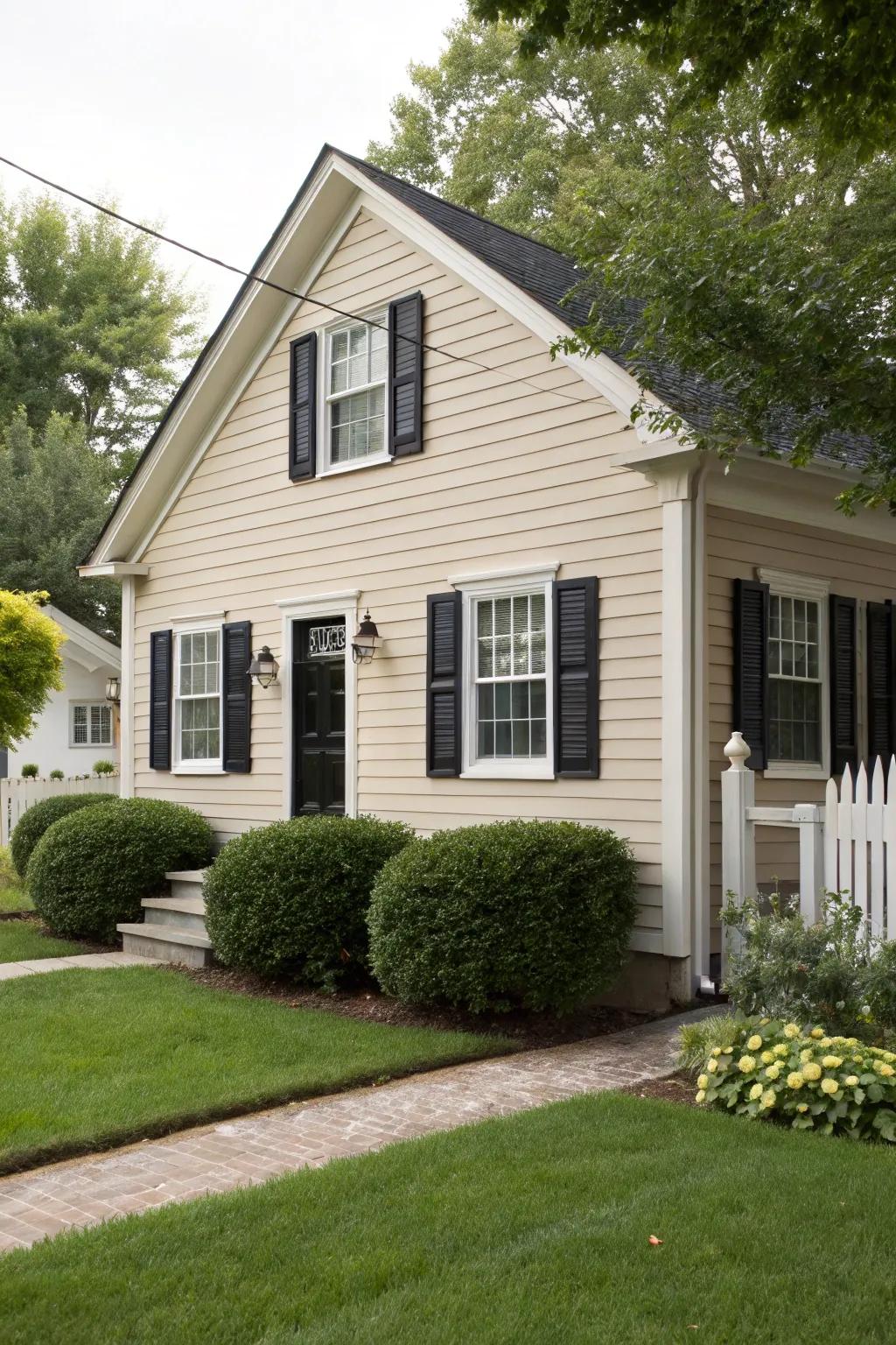 Classic taupe and shadow shutters present a timeless façade.