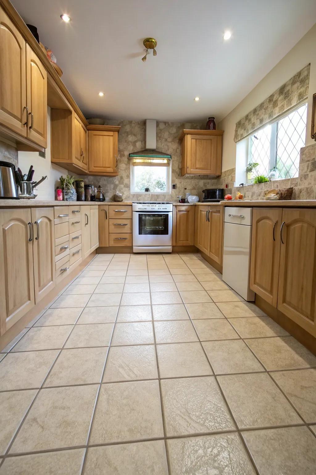 Large format coverings creating a seamless look in a small kitchen