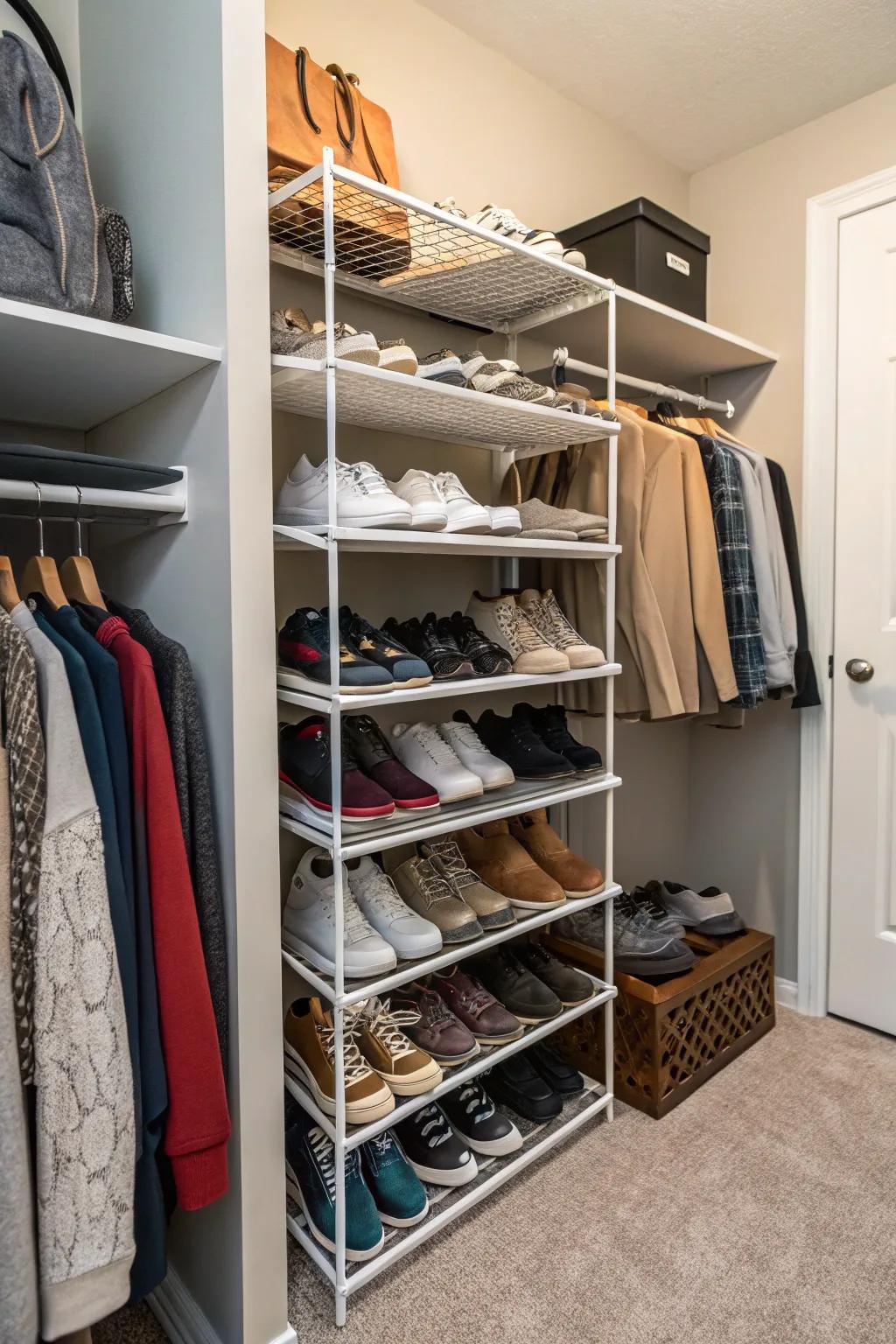 Stacked racks maximize shoe storage.