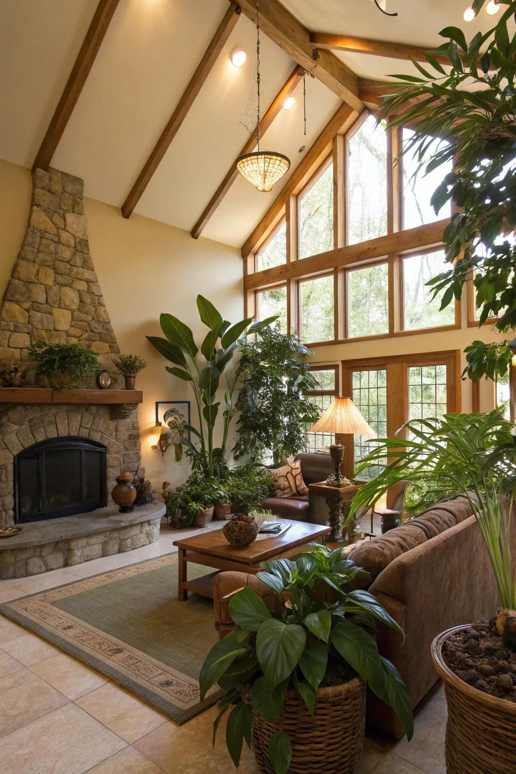 Organic components like botanical life bring warmth and vibrancy to this airy living space.