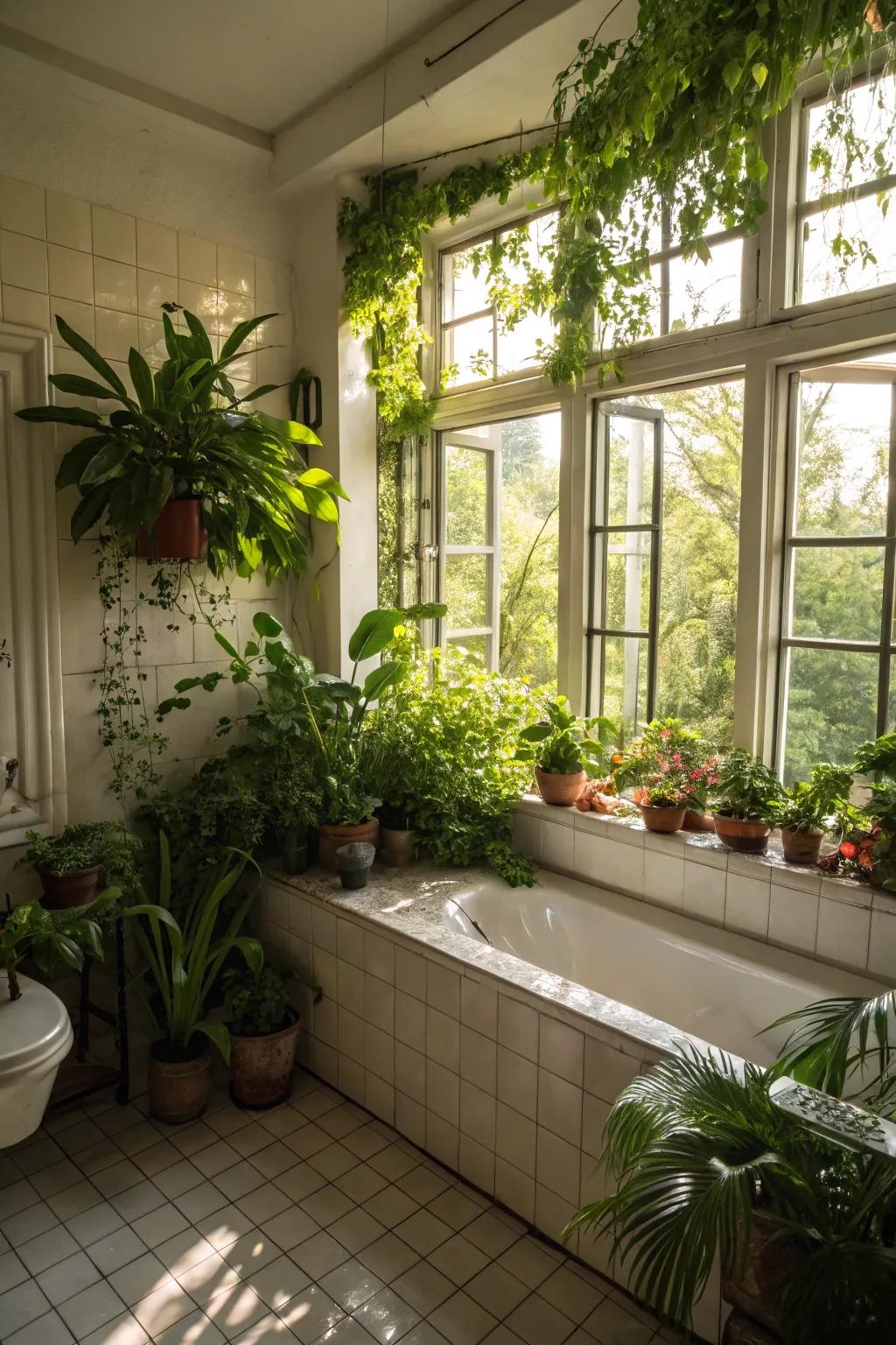 Flora and illumination breathe spirit into your bathroom setting.