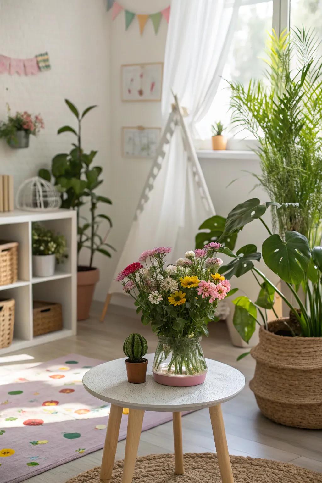 Nature-inspired decor adds a touch.