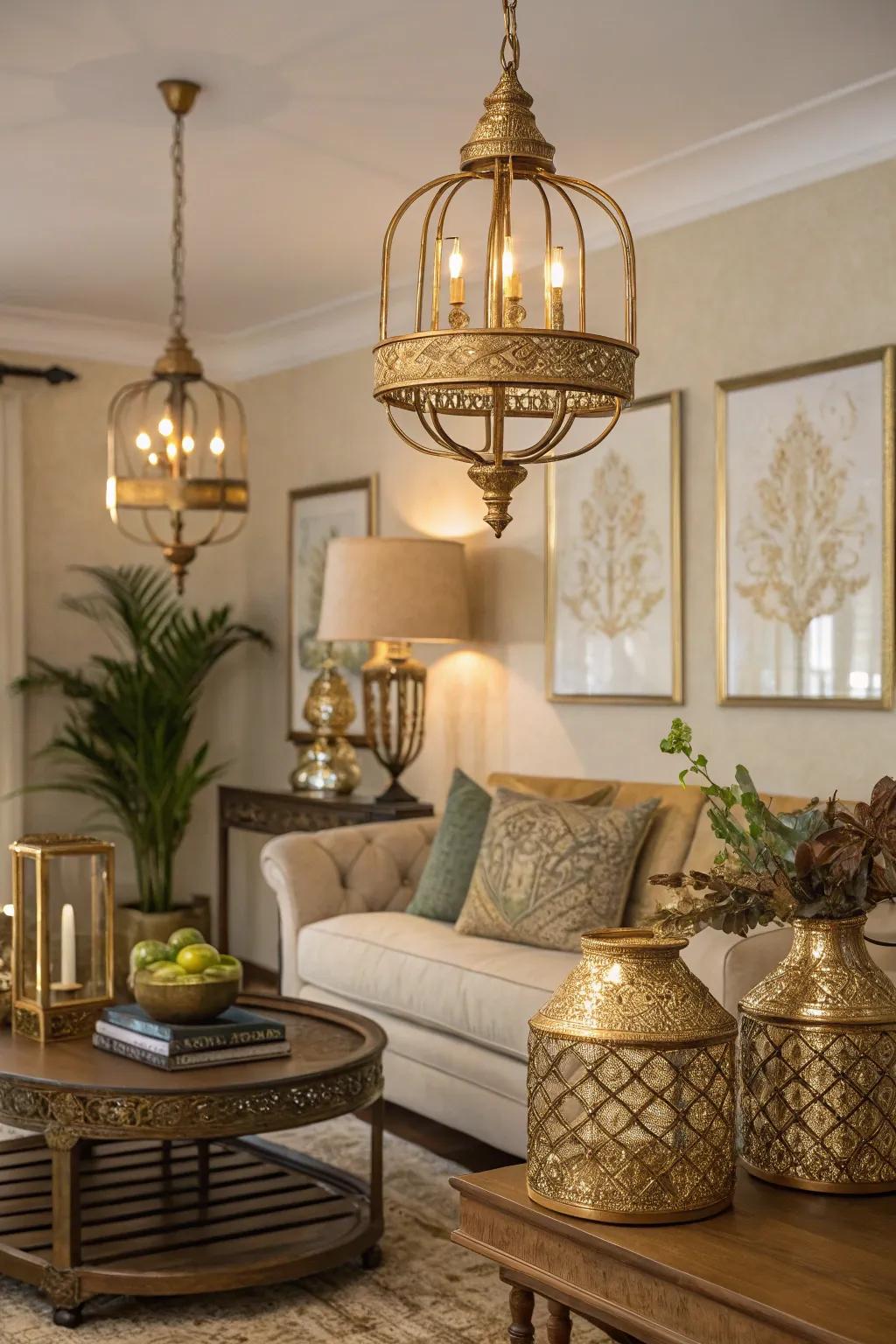 Metallic accents adding elegance to a moody living room.