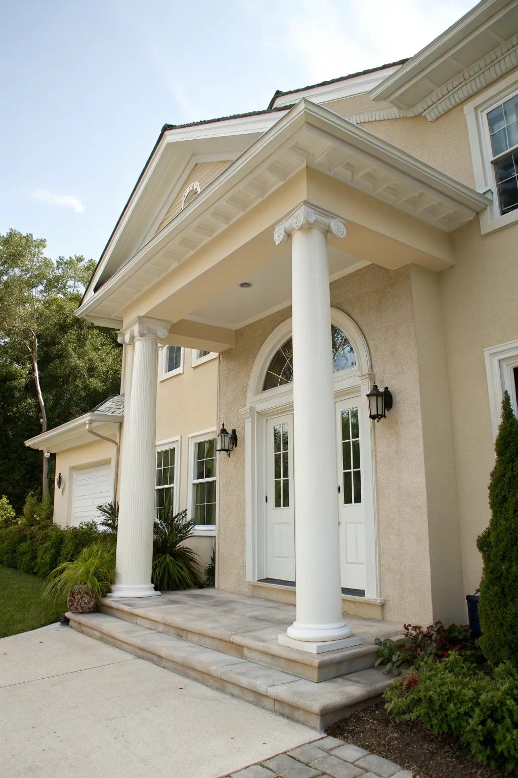 Chalky front door upholds a pristine and refined aesthetic for a beige house.