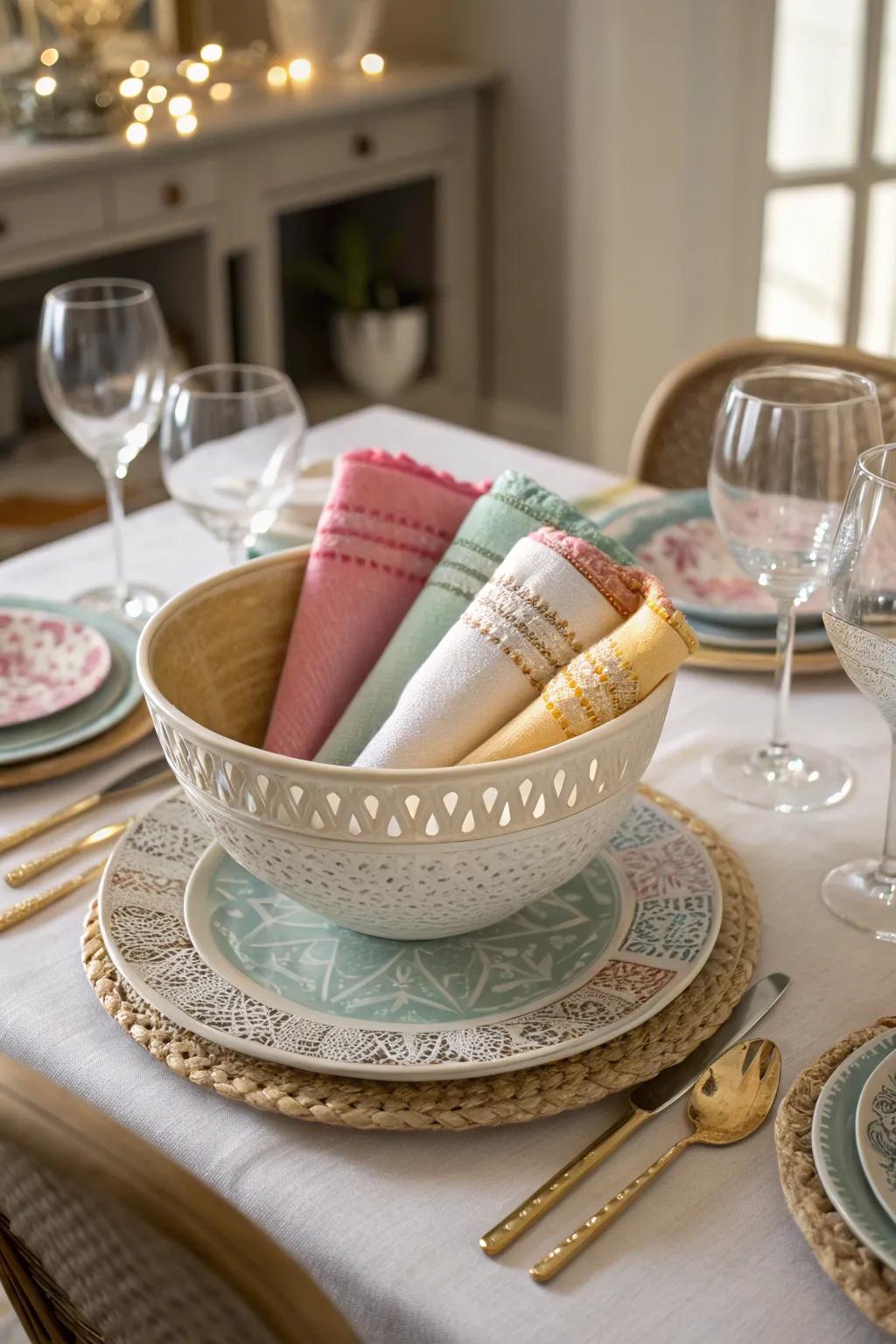 A decorative bowl filled with napkins adds sophistication to any table arrangement.