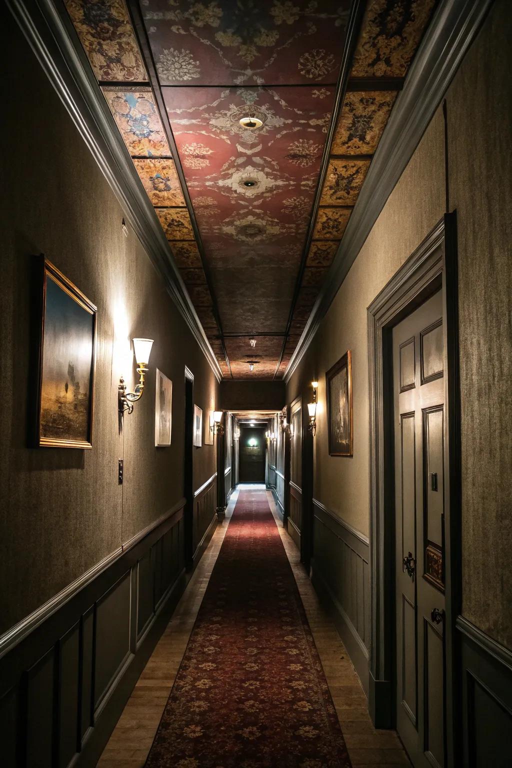 A deep ceiling can introduce spectacle and sophistication to a narrow hallway.