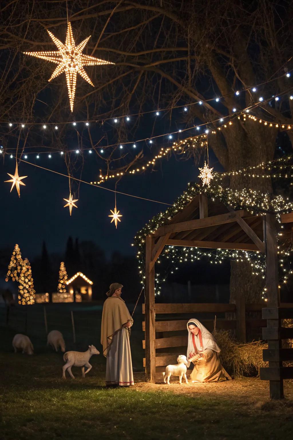 Twinkling lights shape a celestial night atop the nativity scene.
