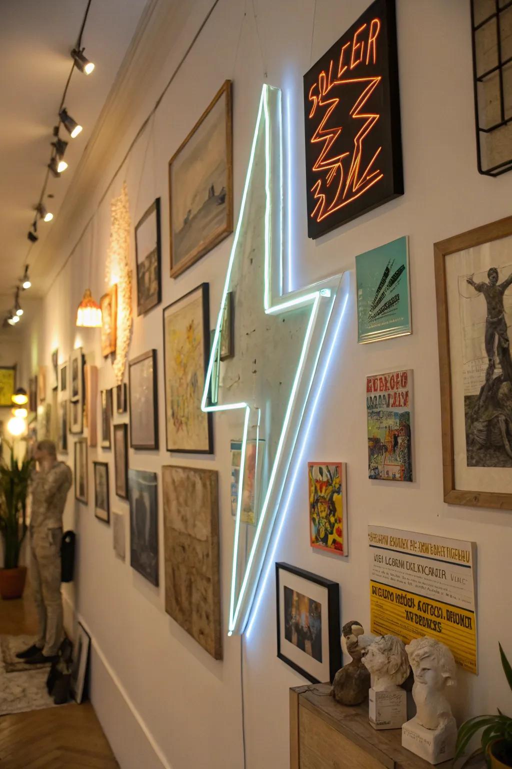A neon starburst sign adds an illuminating touch to a display wall.