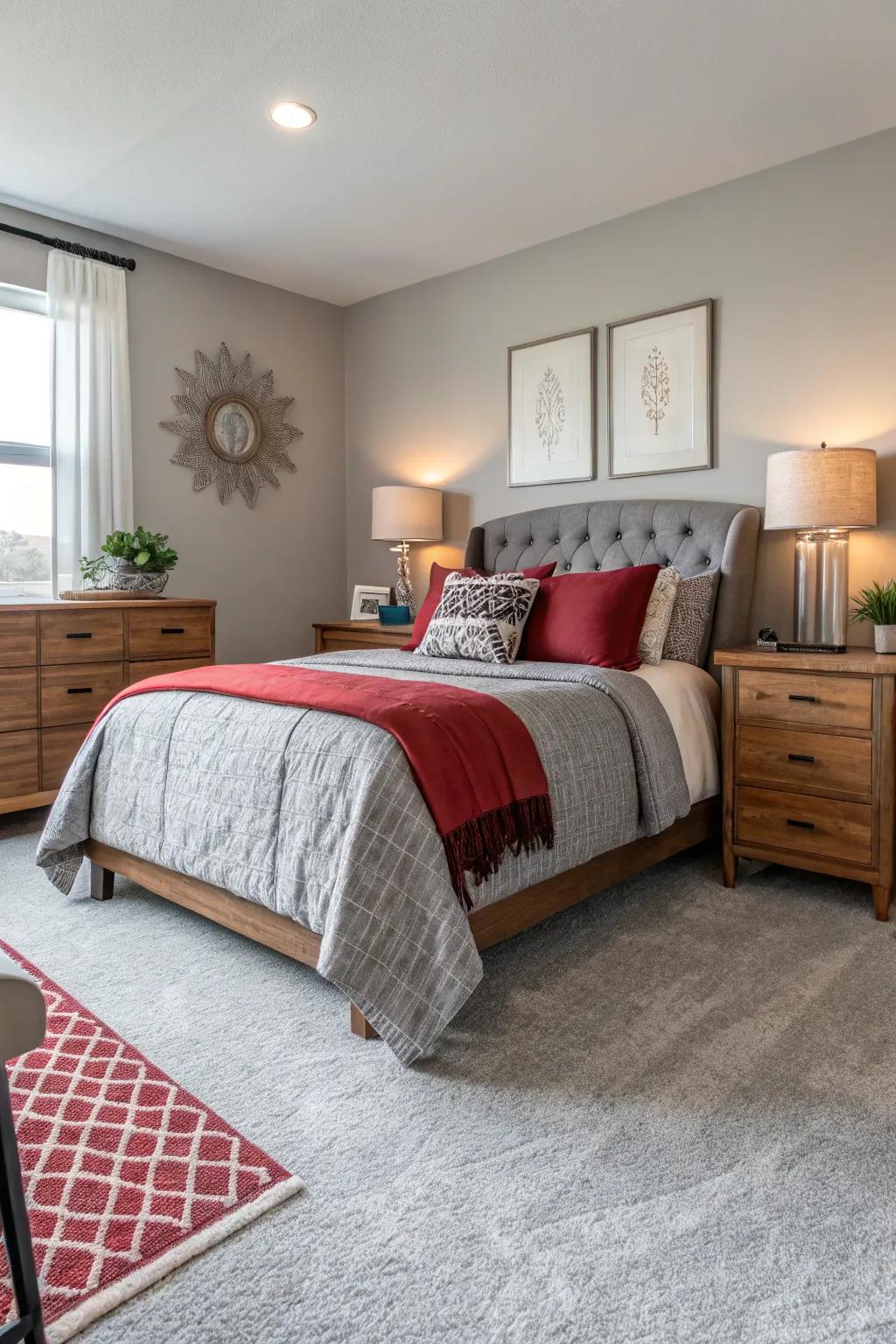 Pale gray carpets deliver a versatile foundation for diverse decor.