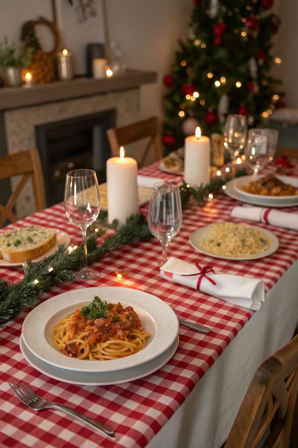 A beautifully arranged table for an Italian-themed holiday dinner evening.
