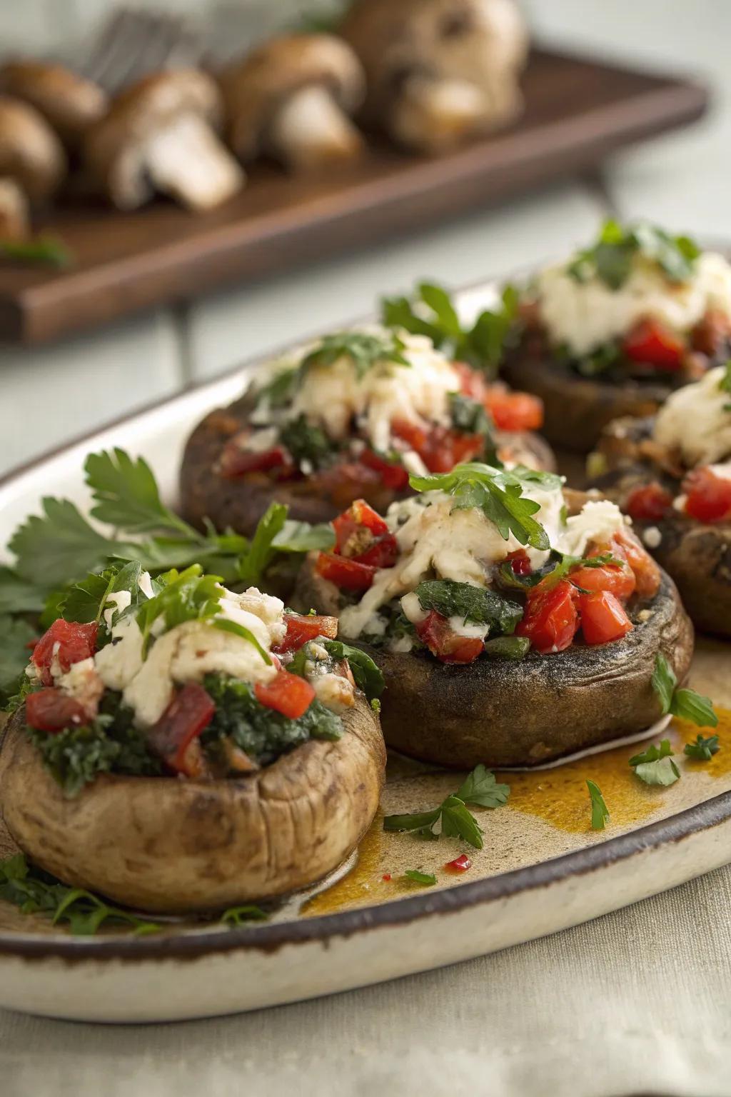 Delightful vegetarian stuffed caps for a scrumptious appetizer.