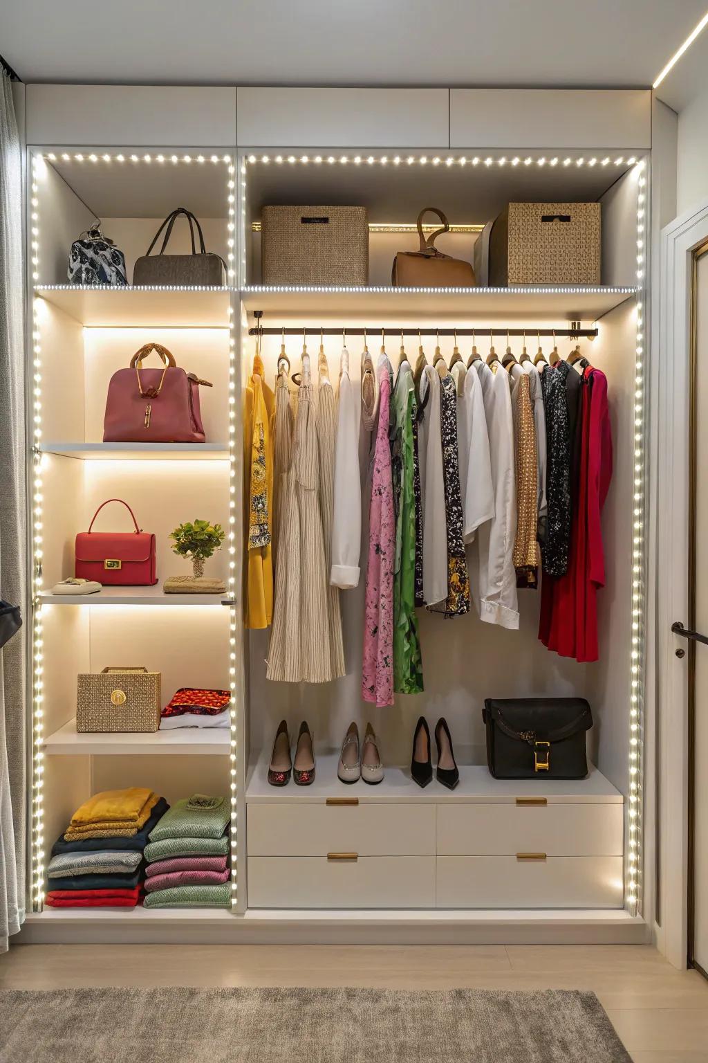 A brightly lit open closet