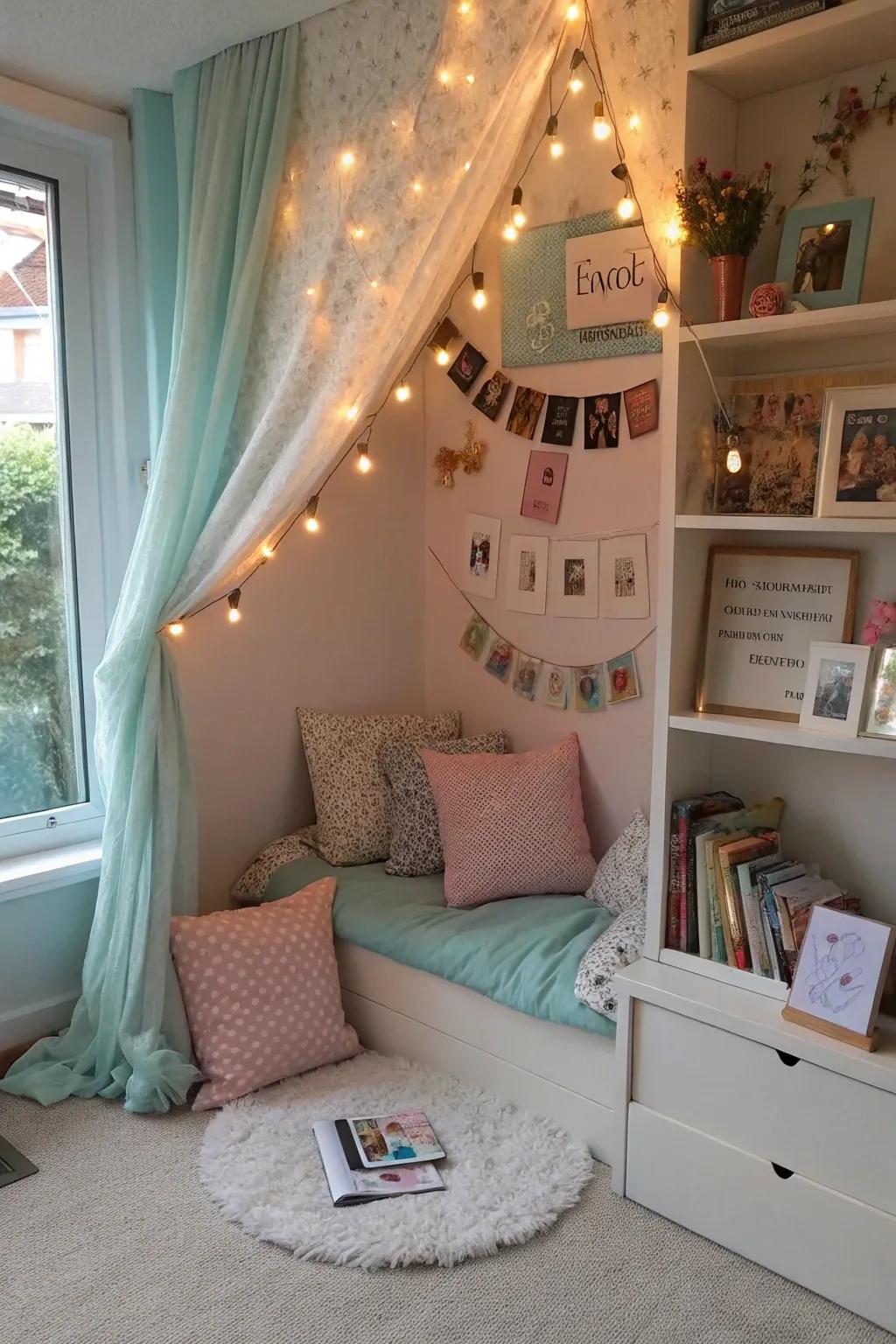 A personalized alcove filled with cherished items and colors.