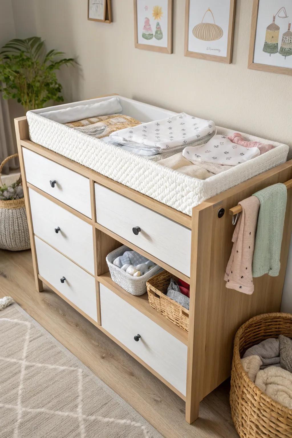 A multi-functional dresser saves space and maintains changing necessities structured.