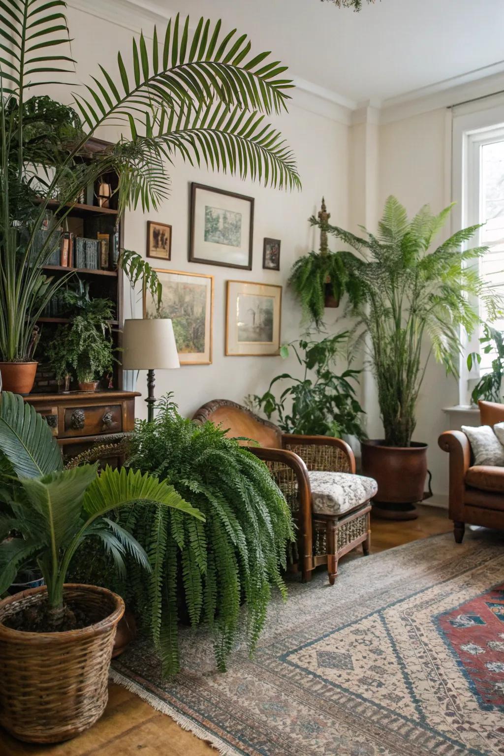 Interior plants add a refreshing natural element to the room.