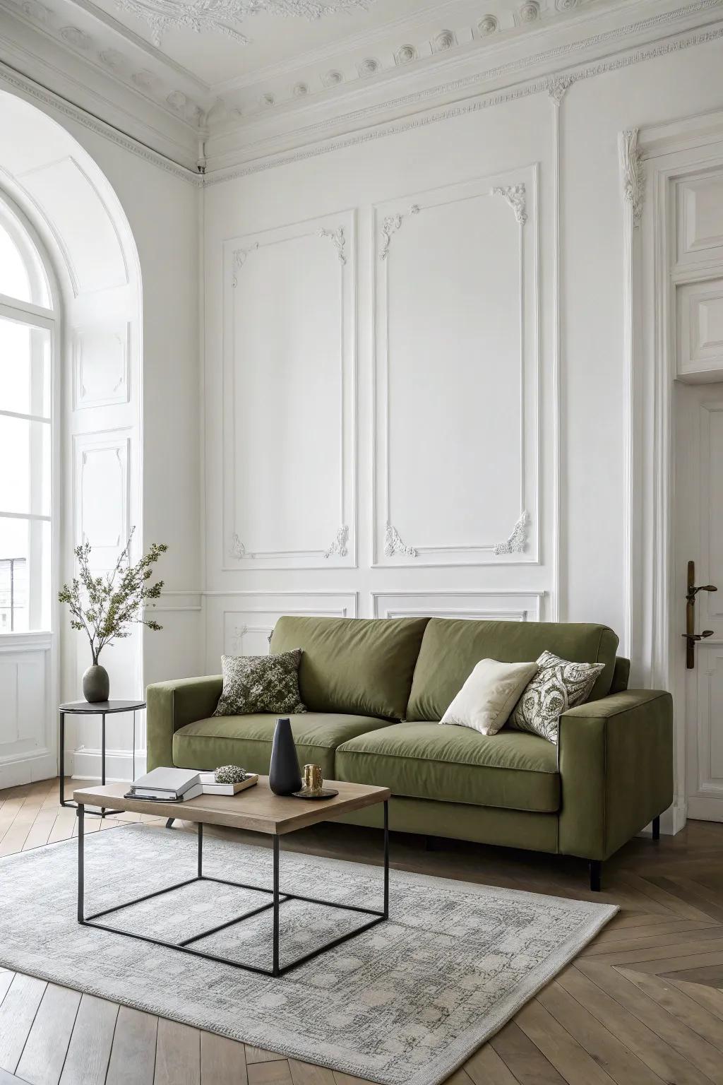 Understated design emphasizes the elegance of an evergreen-toned couch.