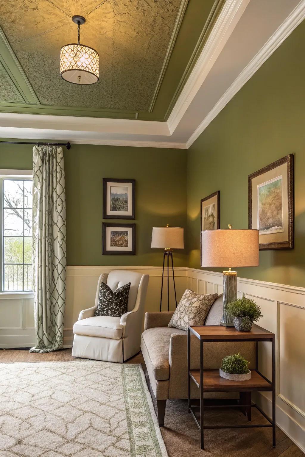 The unexpected olive green ceiling adds sophistication to the room.