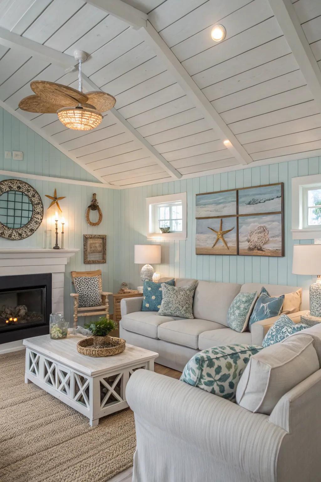 An enchanting family area showcasing a wall plank ceiling for a snug sensation.