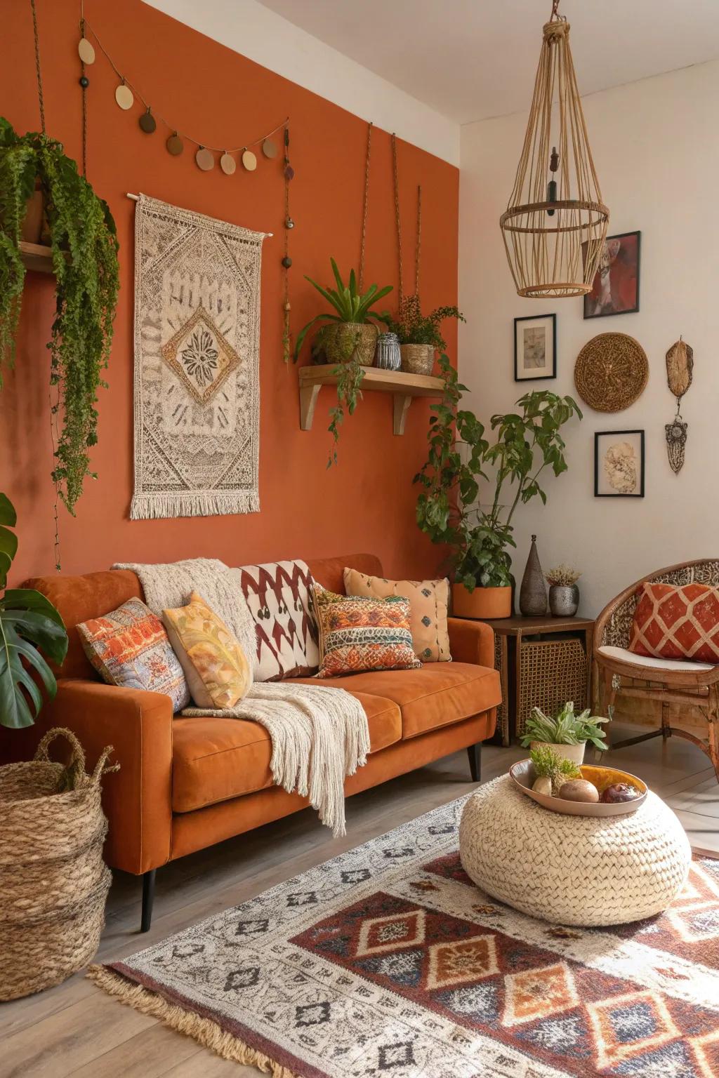 Orange and bohemian elements combine to create an inviting, character-rich living room.