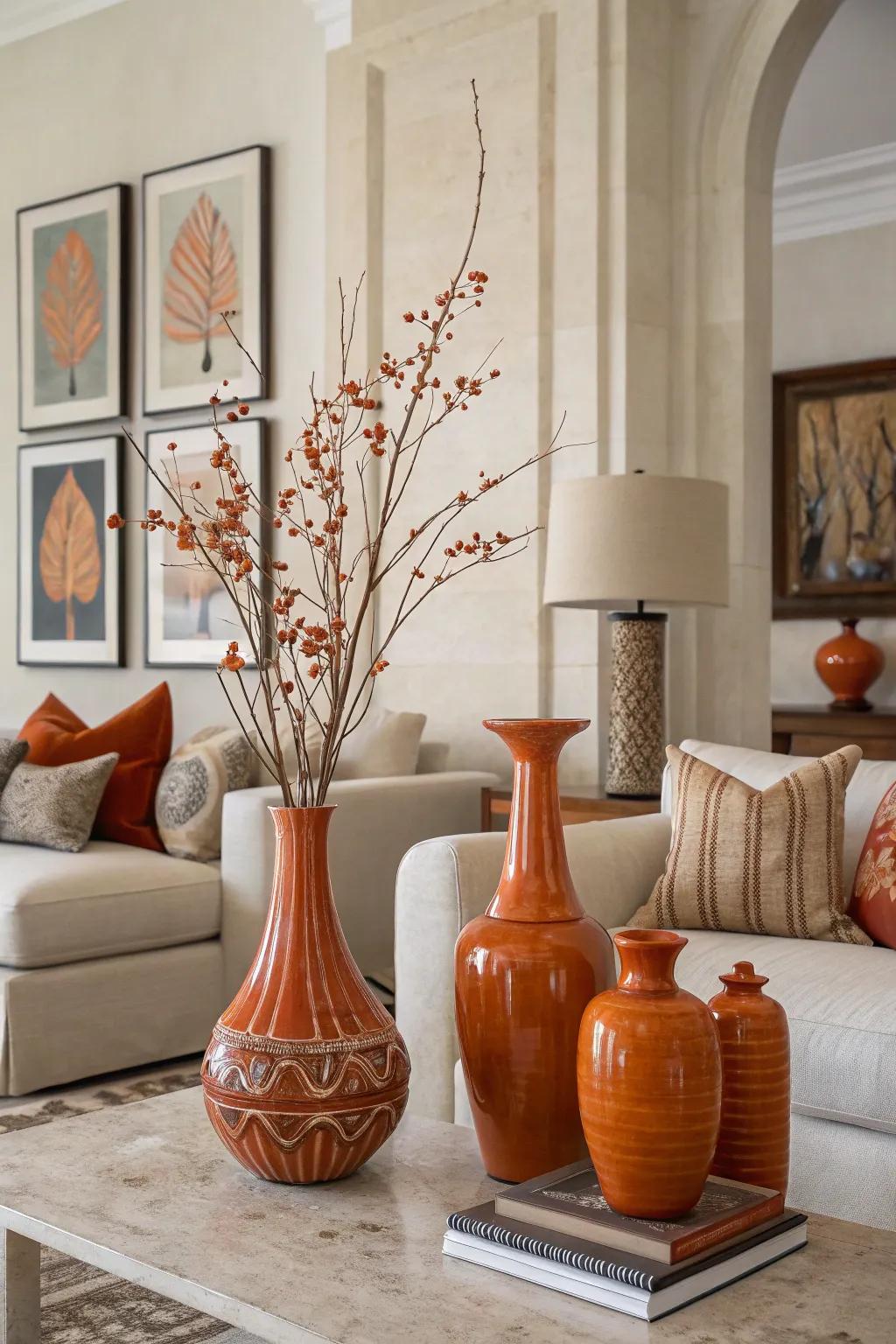 Delicate touches of orange, such as vases and artwork, add warmth to this modern living area.