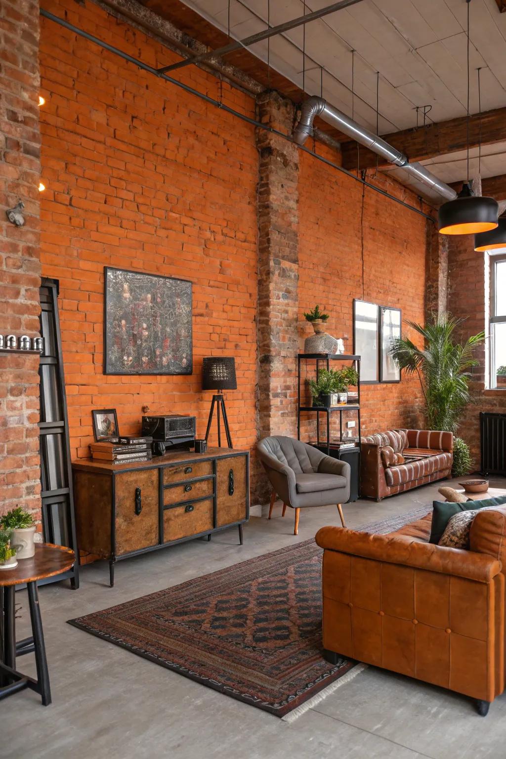A loft area heightened by the rustic appeal of a tangerine brick wall.