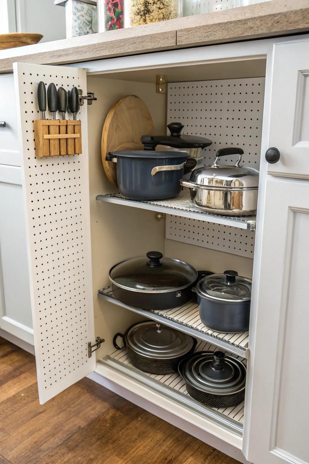 Pegboard inside a cabinet organizes cookware and lids efficiently.