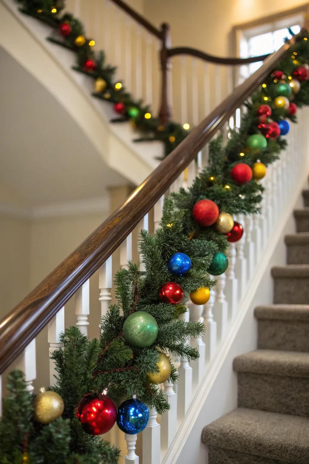 An eye-catching ornament garland wrapped around a staircase banister.