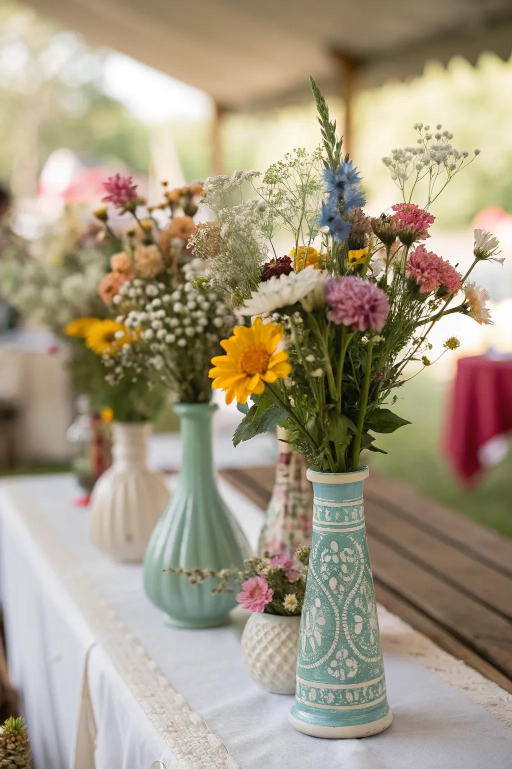 Delightful varied table centerpieces featuring time-worn vases and untamed blossoms.