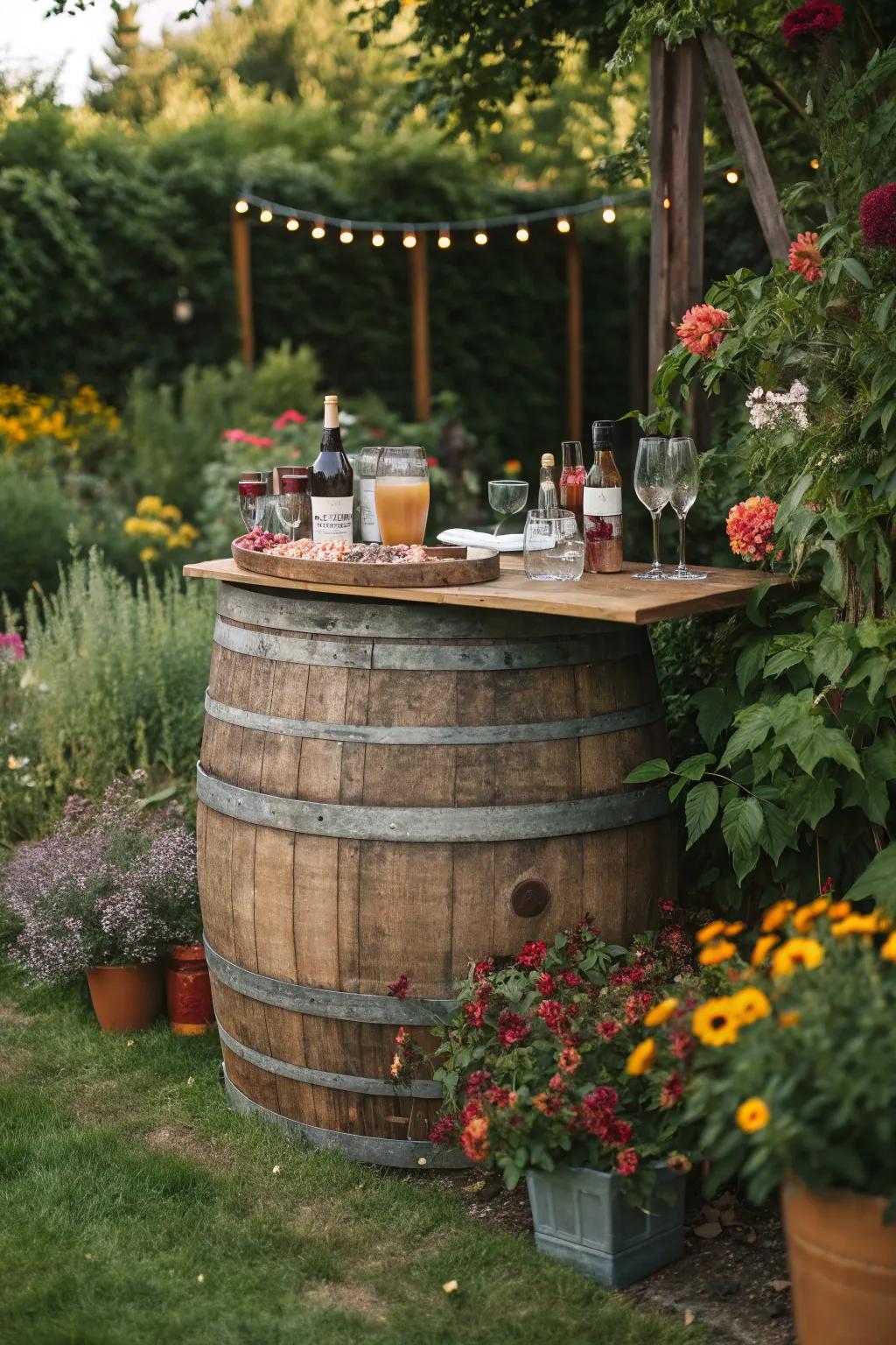 A wine cask bar functions as a countryside-inspired centerpiece.