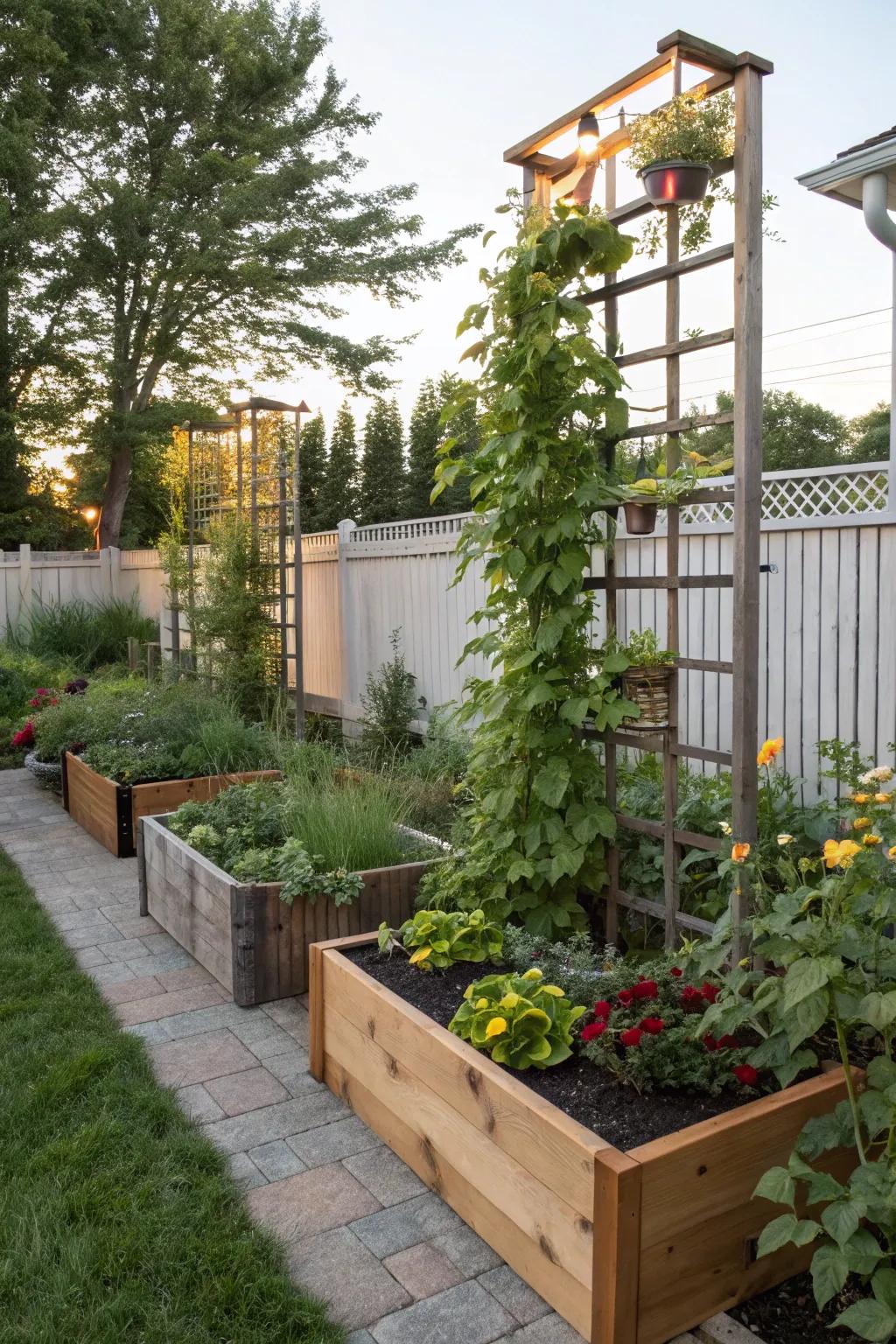 Vertical gardening maximizes area and introduces dimension.