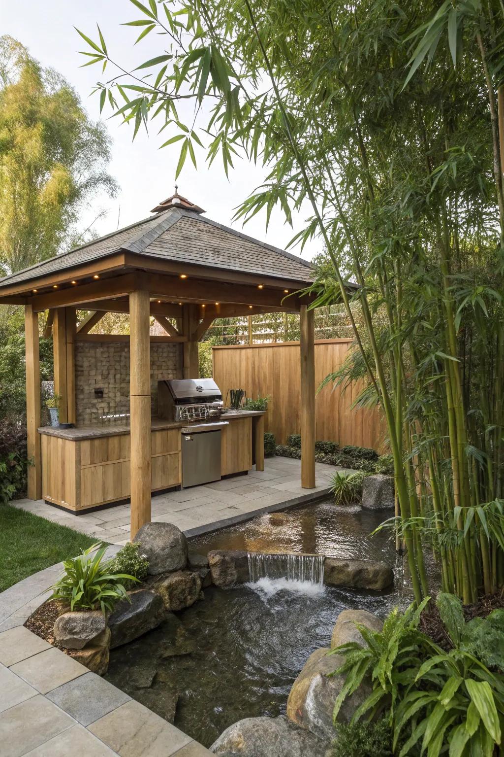 Discover peace in a Zen-inspired outdoor kitchen gazebo.