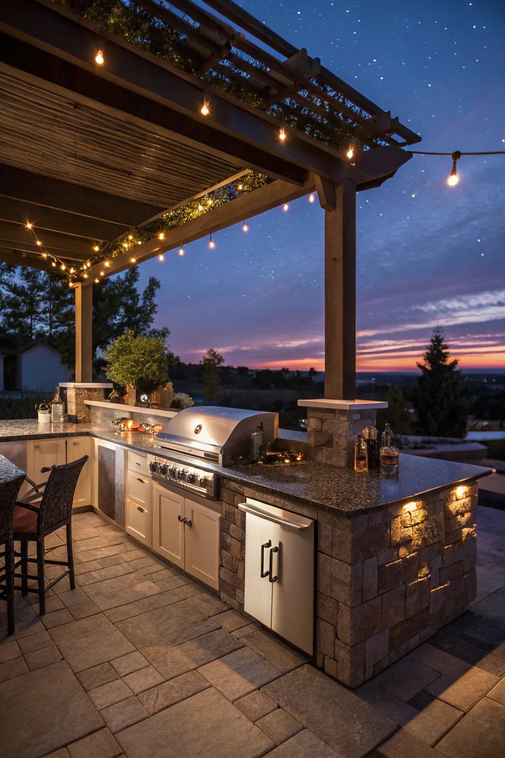 A beautifully illuminated outdoor kitchen island, glowing with ambient lighting as dusk settles.