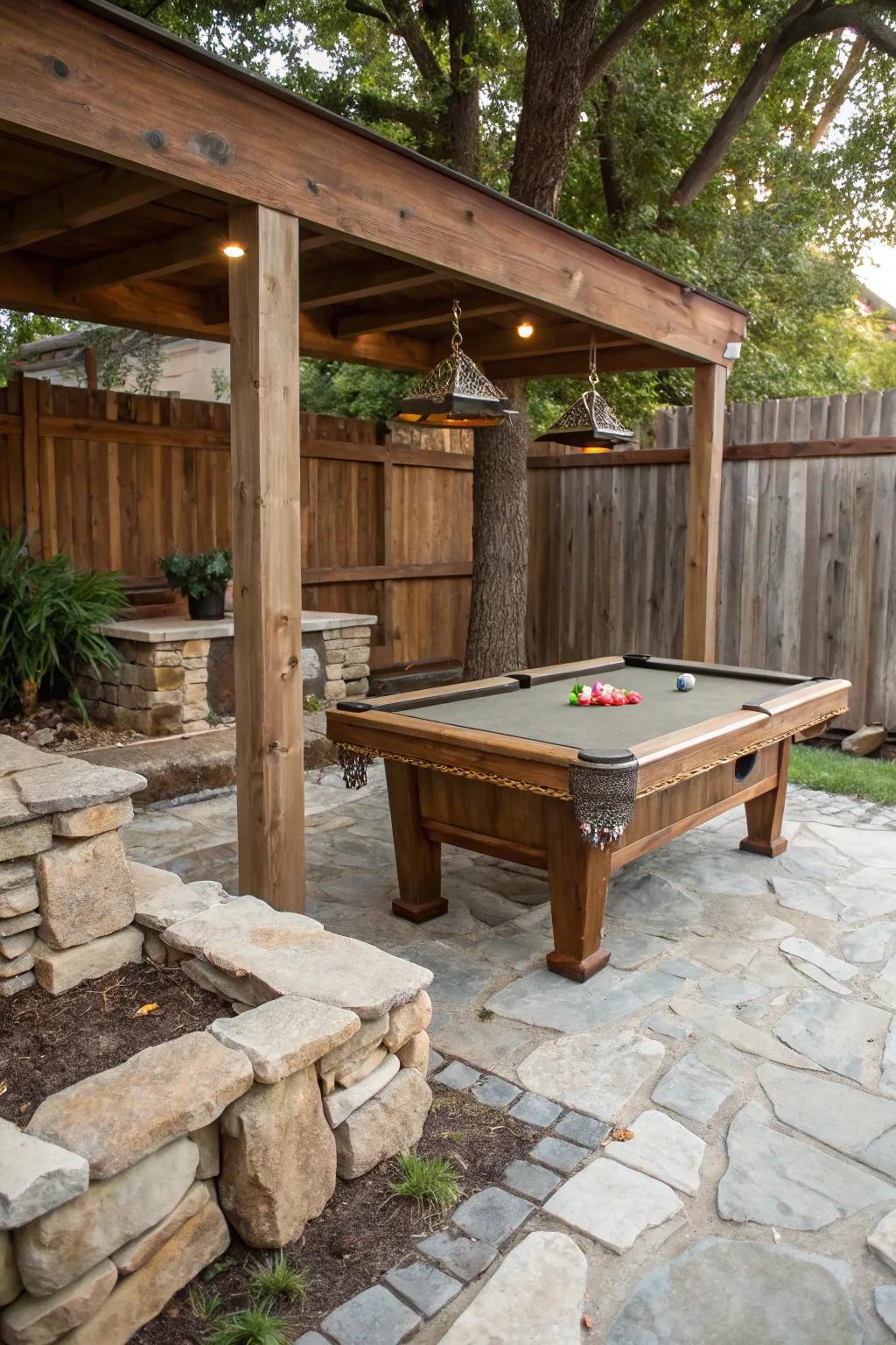 A down-to-earth outdoor billiard table arrangement showcasing wood and stone.