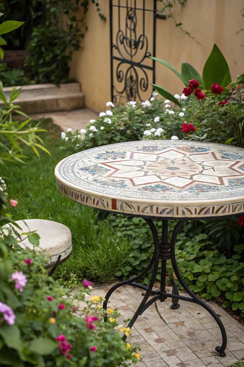 Ornamental tile table tops transform tables into artistic garden highlights.