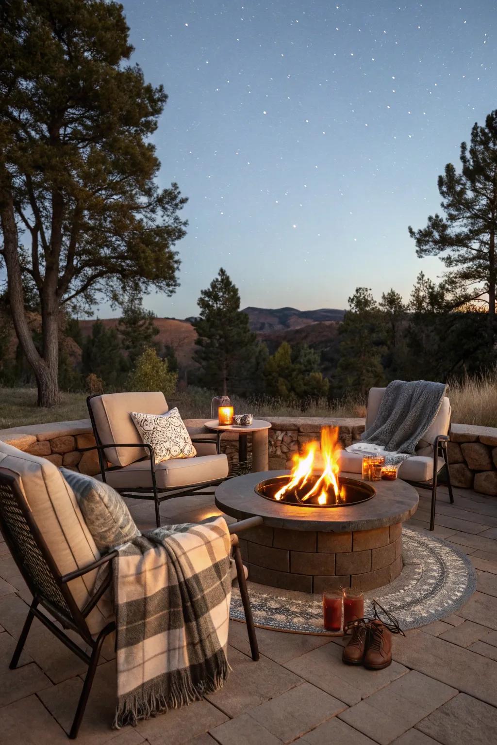 A fire pit provides warmth and a central meeting spot for guests.