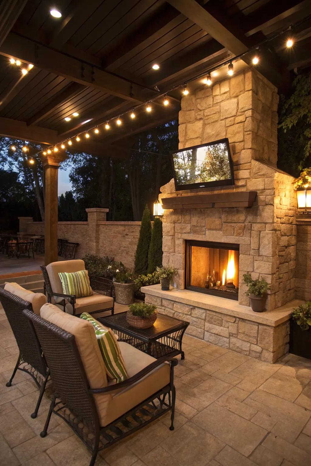 A TV above a fireplace adds warmth and coziness to outdoor spaces.