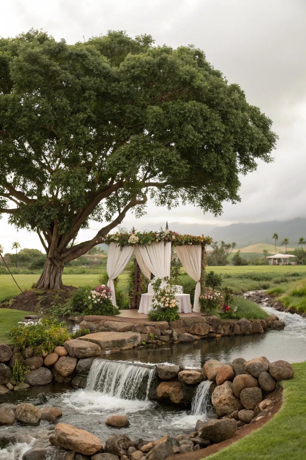 Adopt inherent features for a harmonious exterior wedding.