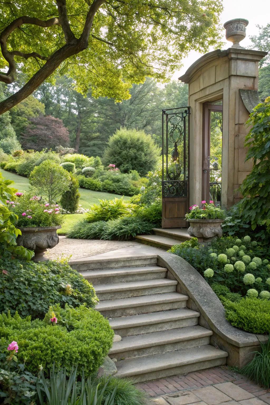 Natural beauty with greenery enhancing these steps.