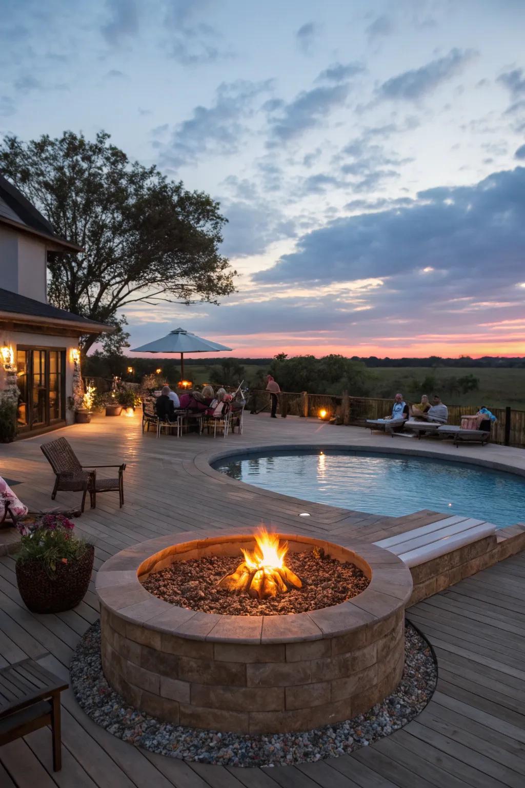 A bonfire pit contributes warmth and ambiance to nighttime get-togethers.