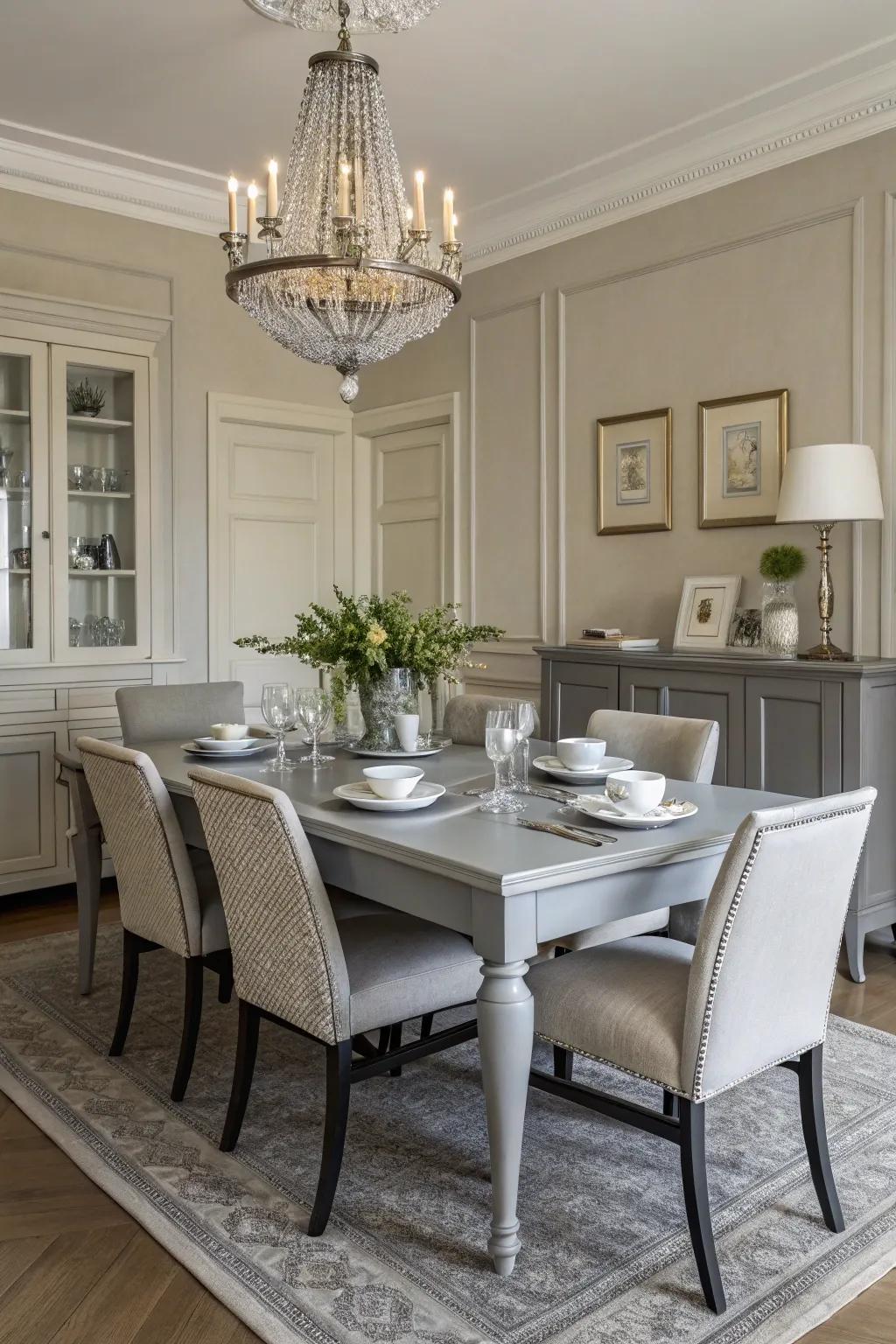Soft grey paint enhances your dining table with understated beauty.