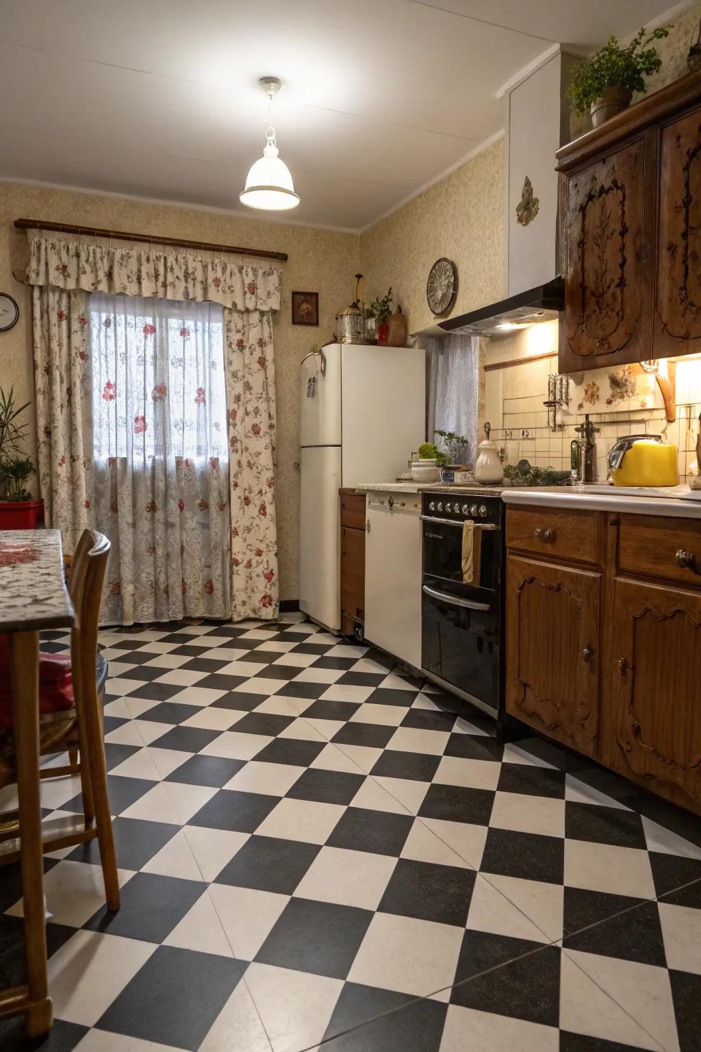 A kitchen enhanced by a classic tile pattern painted floor, exuding tradition and charm.