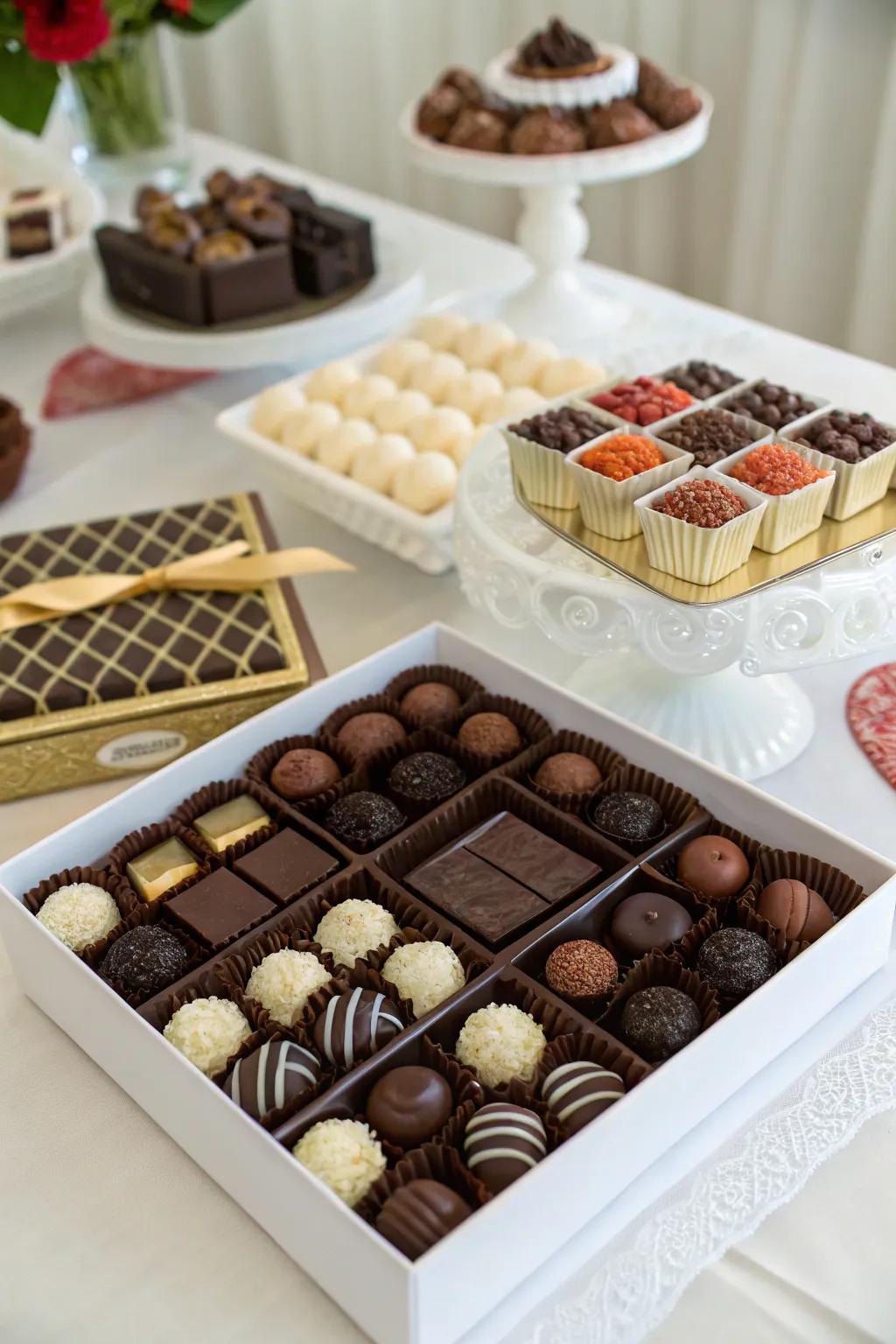 Gourmet chocolates arranged elegantly as delectable party favors.