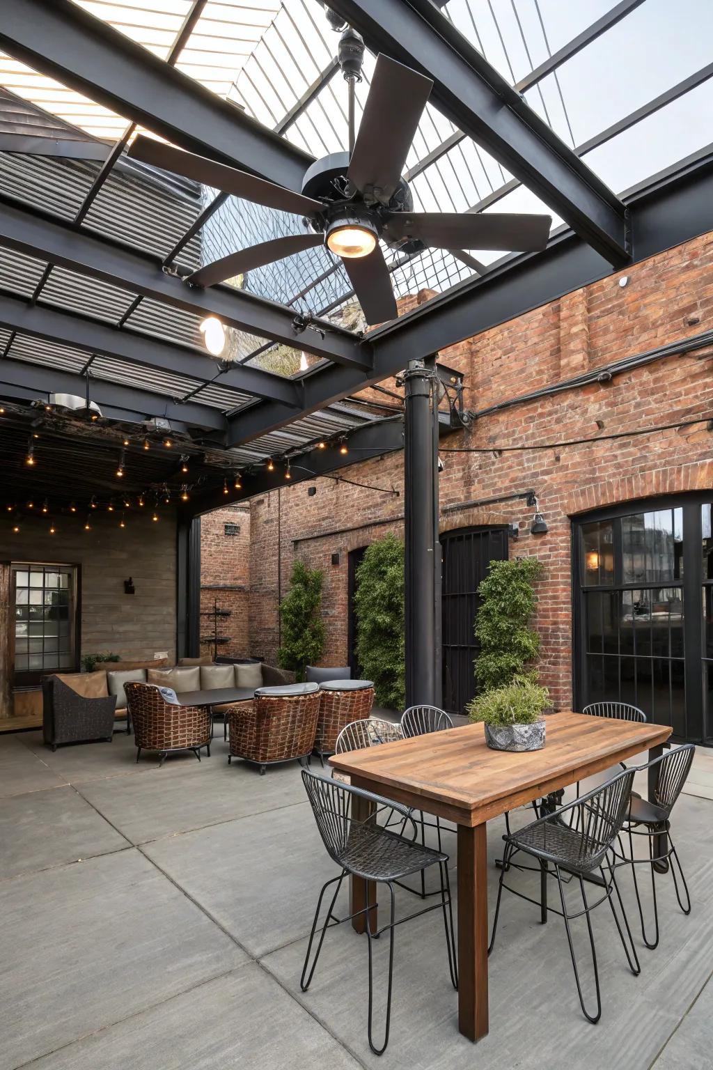 An industrial-themed patio showcasing a metal-finished ceiling fan.