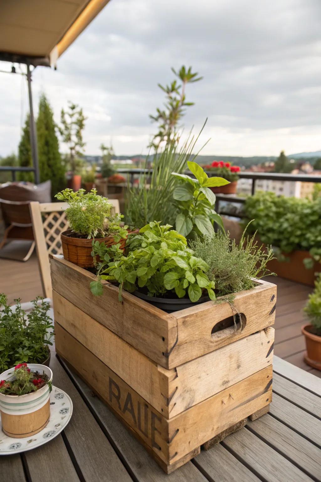 Wine box herb patch with vintage appeal.