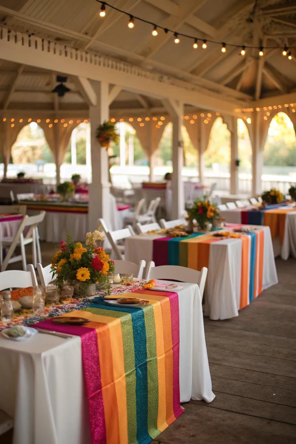 The wedding theme is complemented and enhanced by colorful table textiles.