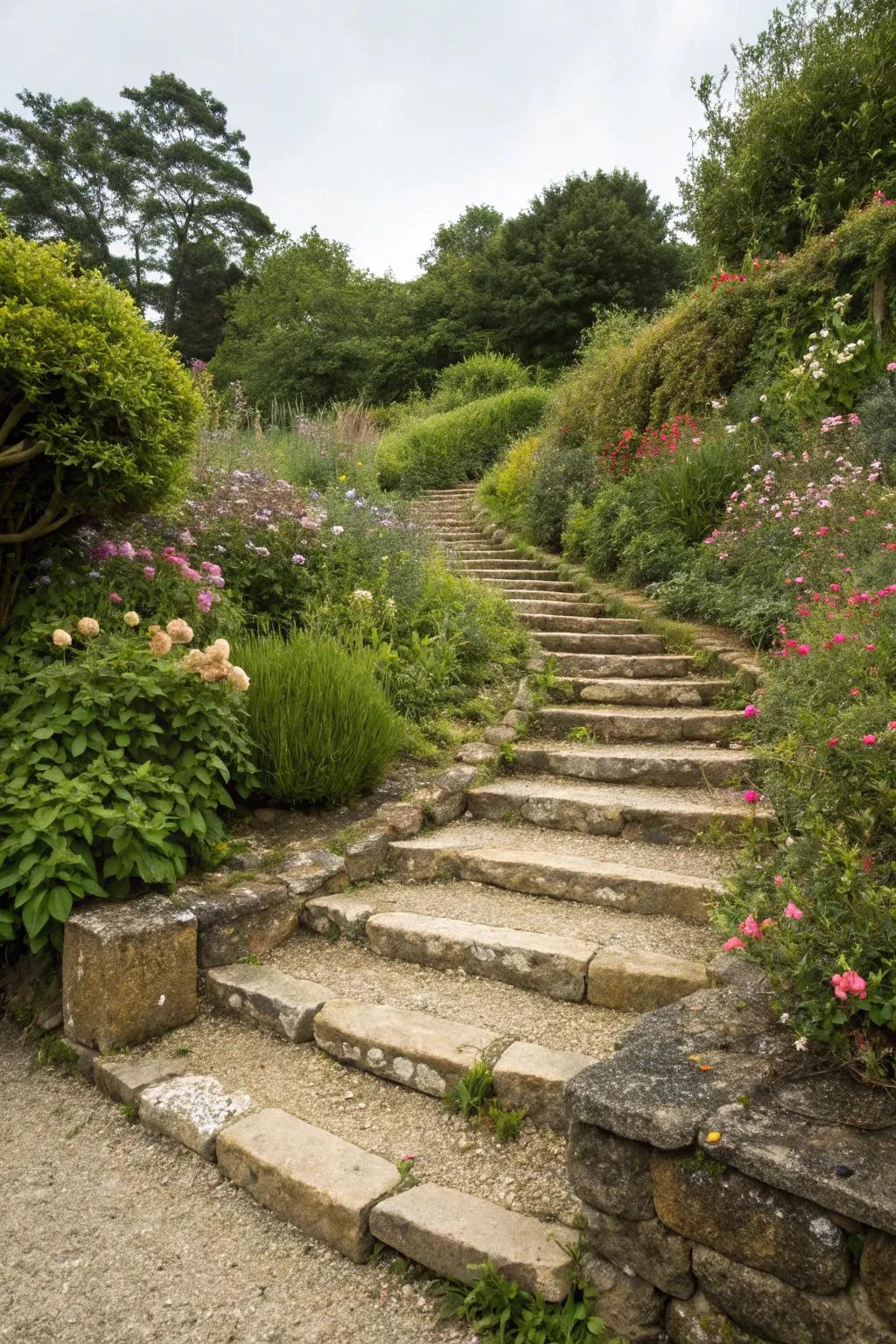 A rustic staircase that merges flawlessly with its surroundings.