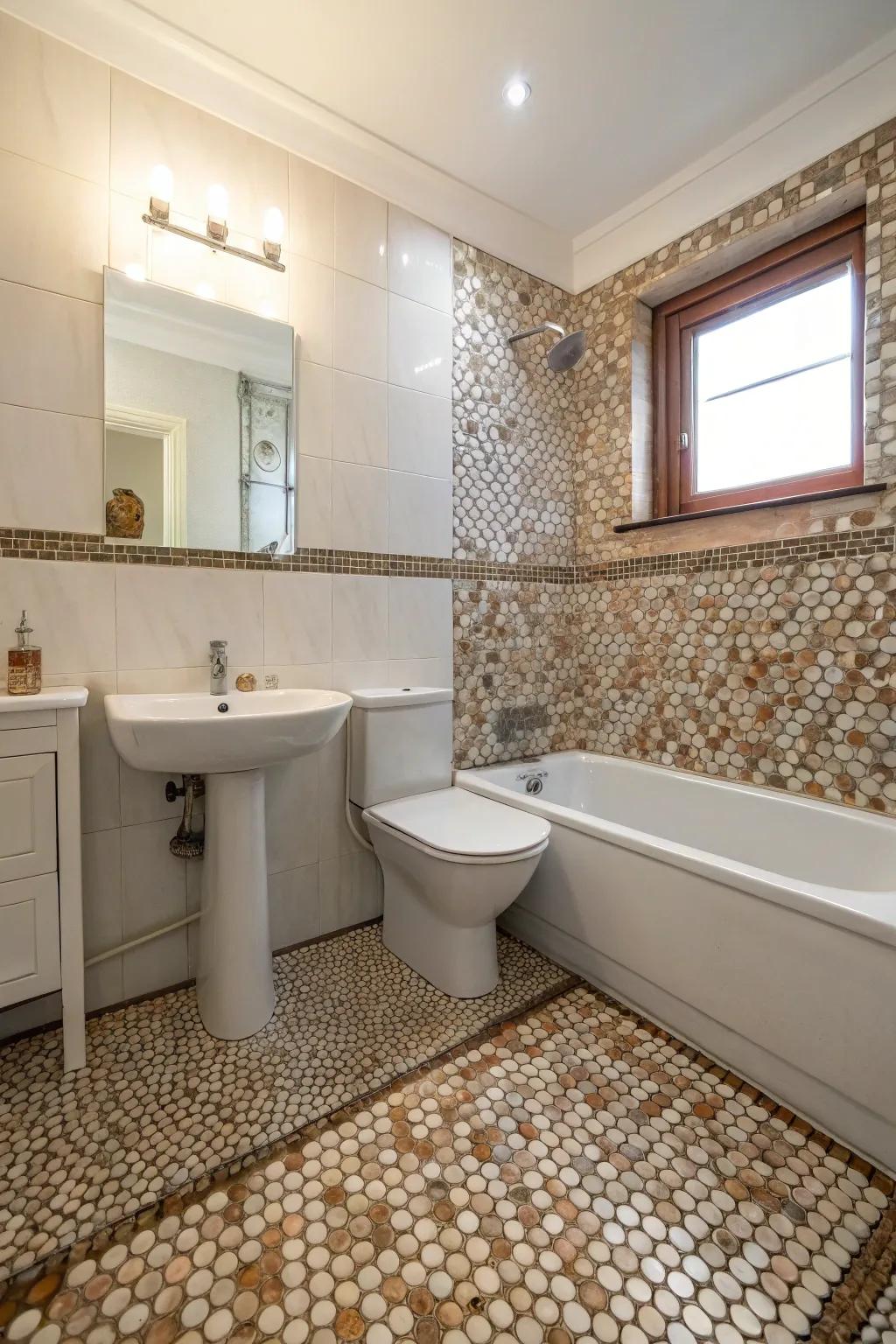 Decorative accents using penny tiles enhance character and charm.